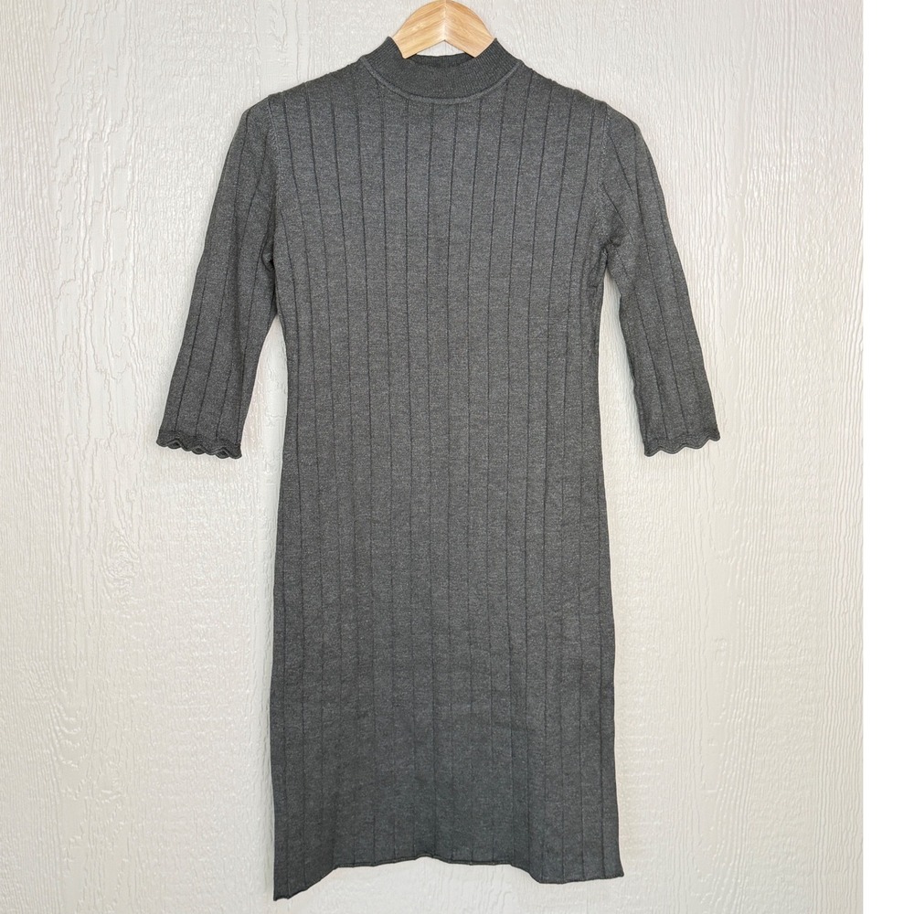 Love Olive Co Gray Ribbed Mock Neck Midi Sweater Dress Scalloped Cuff XS/S New
